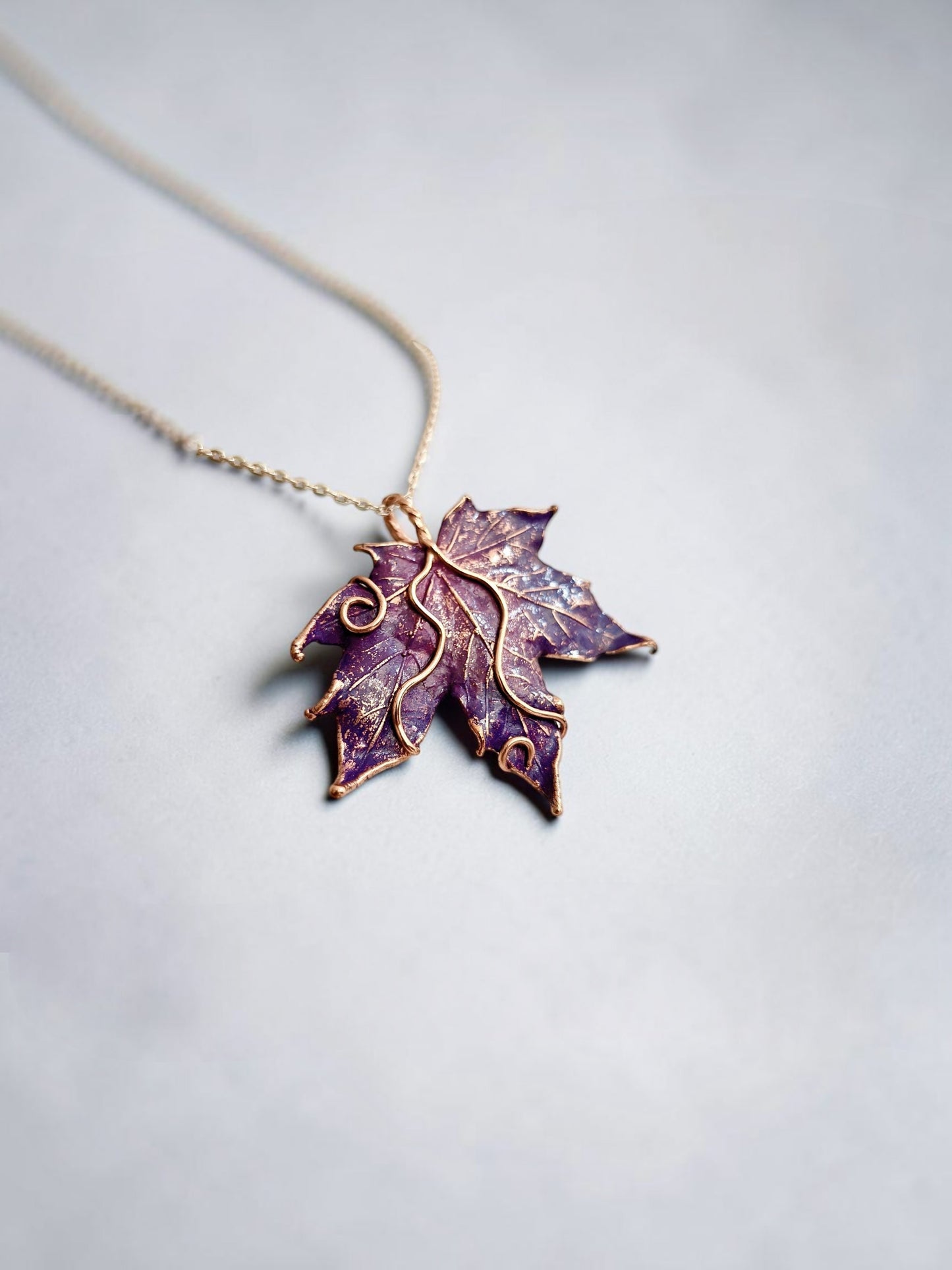 2/9 Purple Maple Leaf with Hand-Shaped Copper Wire – Copper Pendant