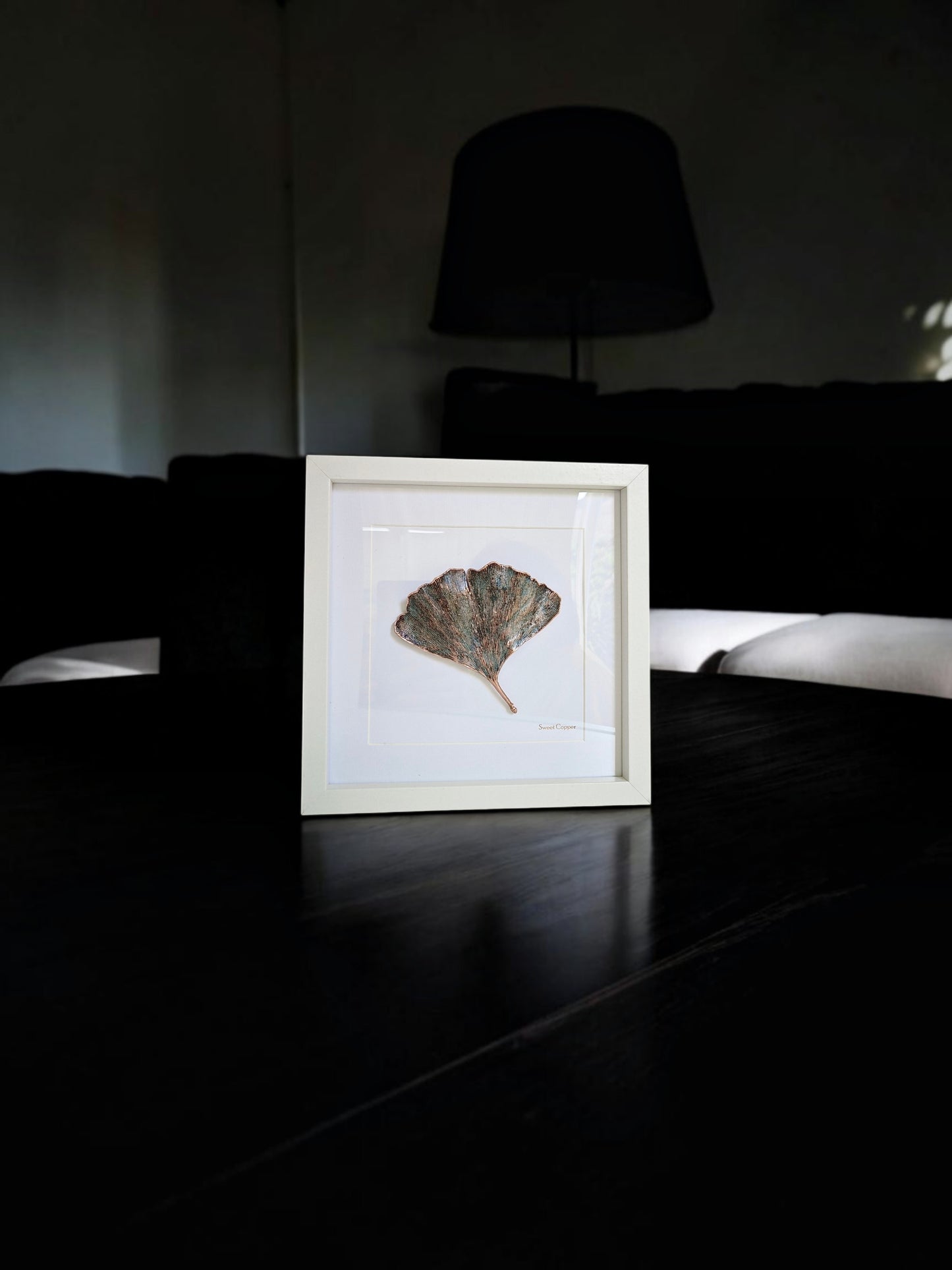 6. PIGS BACK. Twilight – Framed Copper Ginkgo Leaf Interior Art