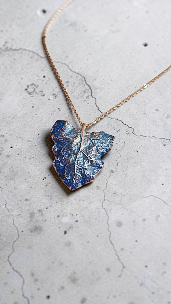 129 Coltsfoot Leaf Pendant — Blue Patina