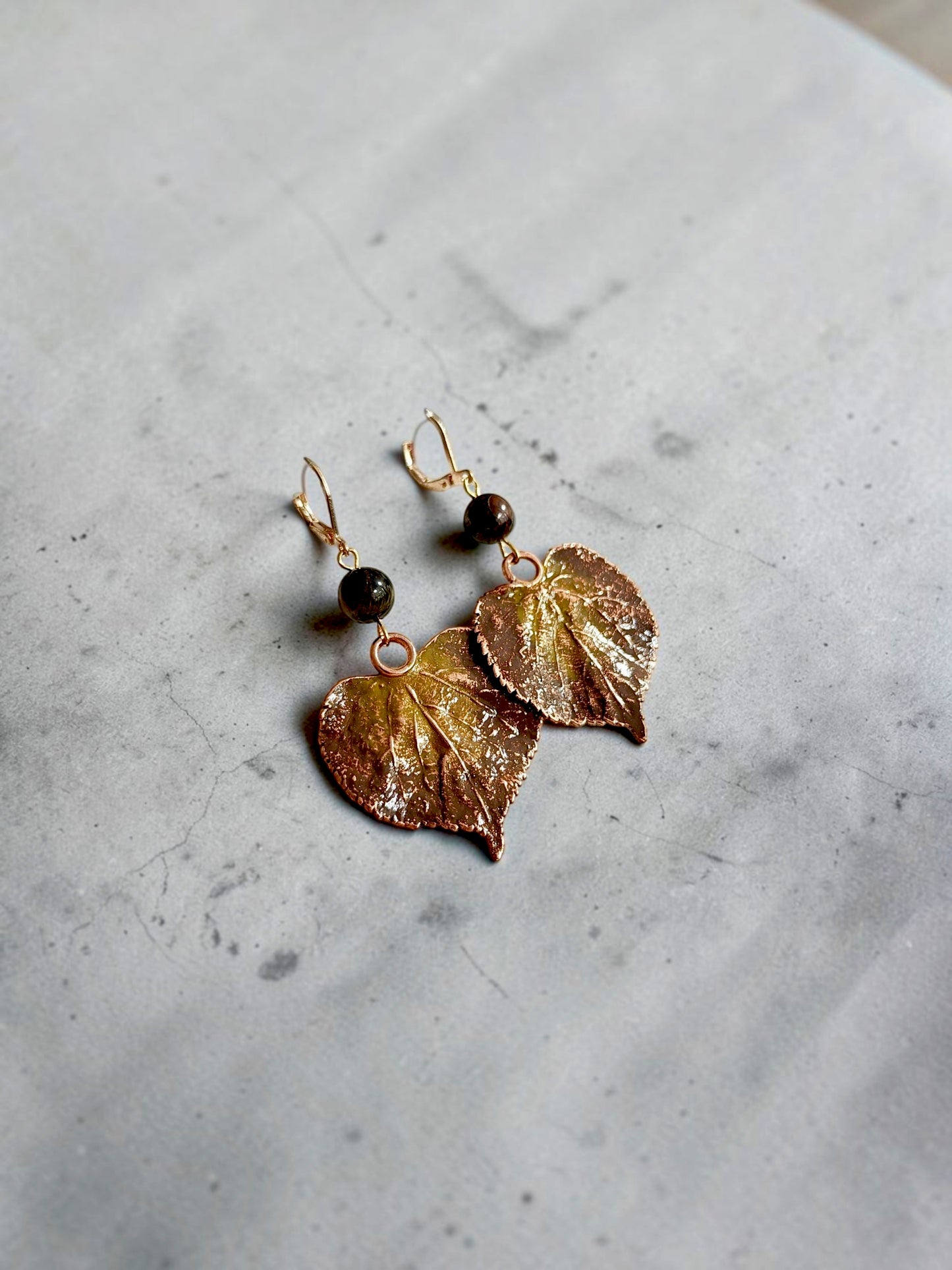121 Linden Leaf Earrings — Olive Patina & Tiger’s Eye