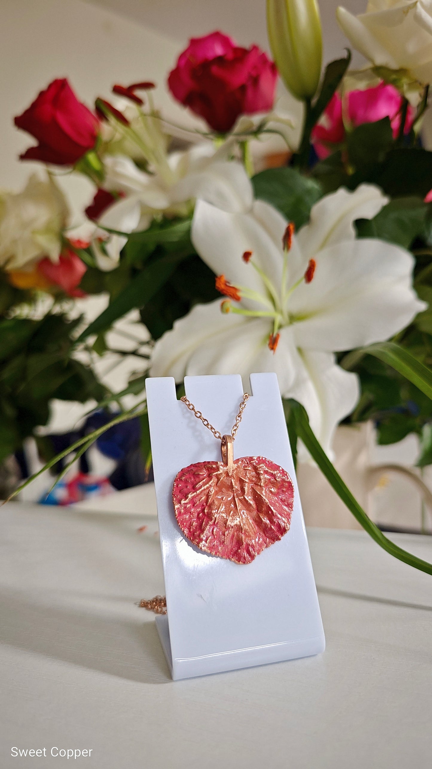 134 Linden Leaf Pendant — Coral Red Patina