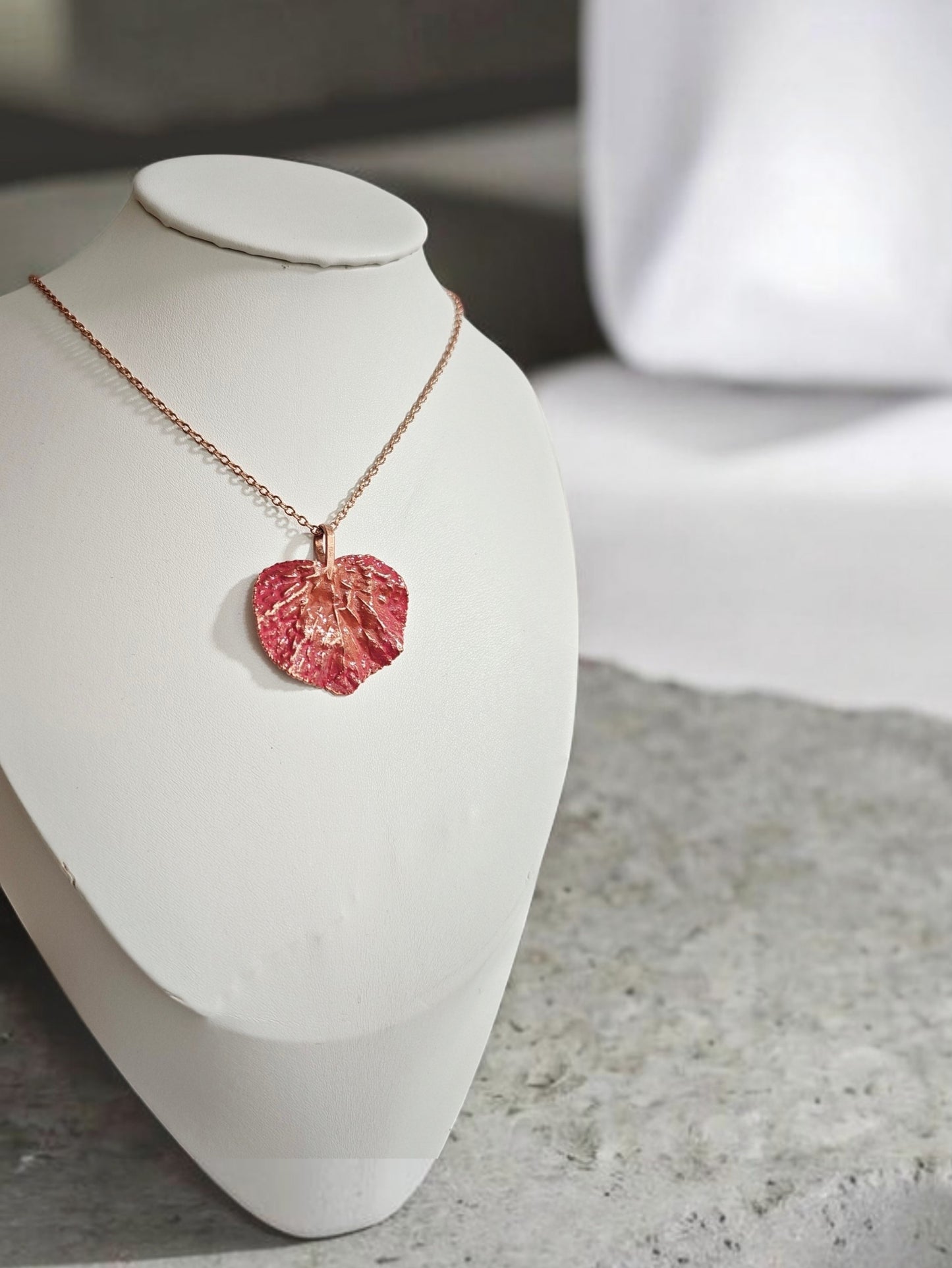 134 Linden Leaf Pendant — Coral Red Patina