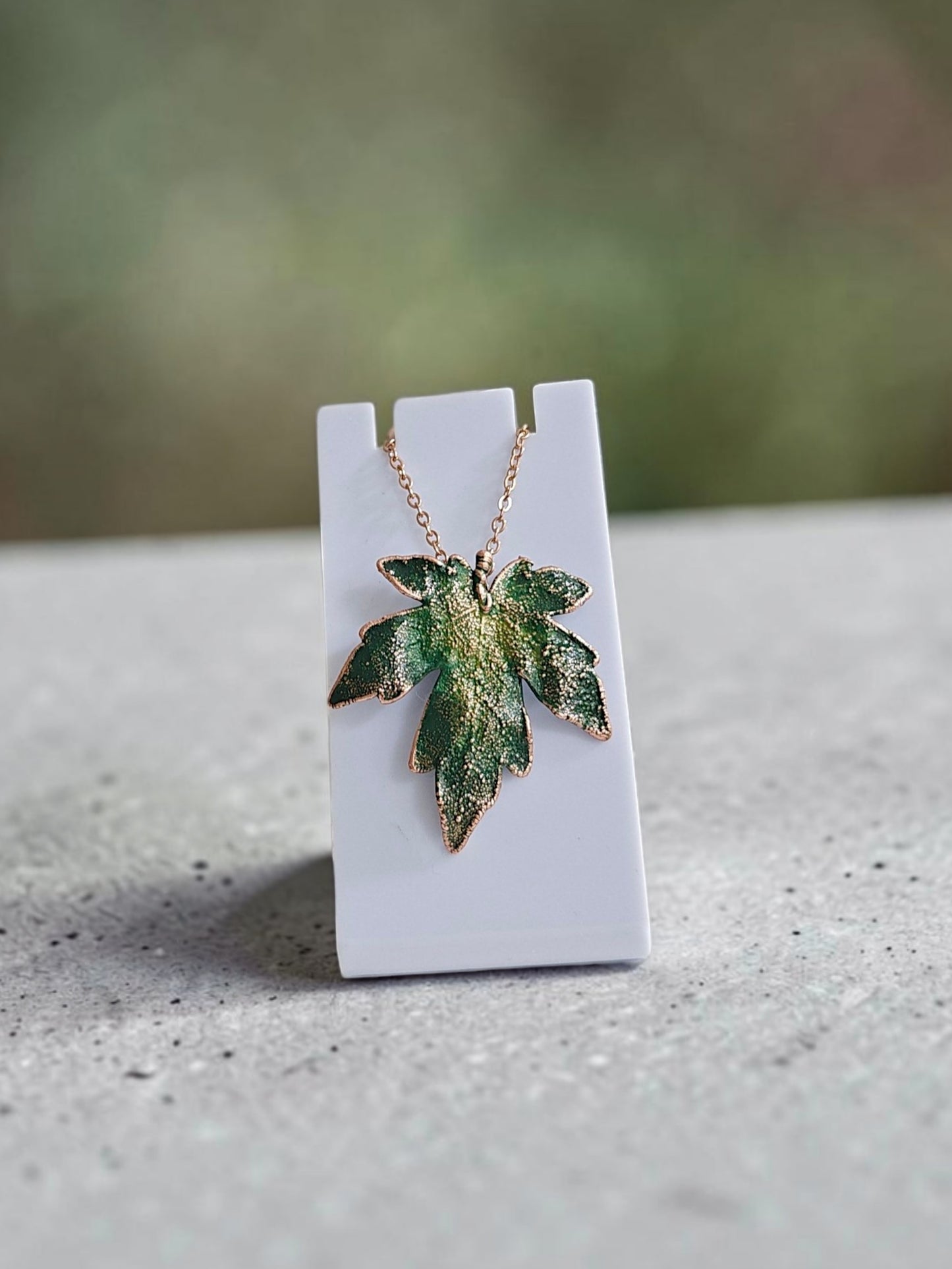 124 Maple Leaf Pendant – Deep Green Patina