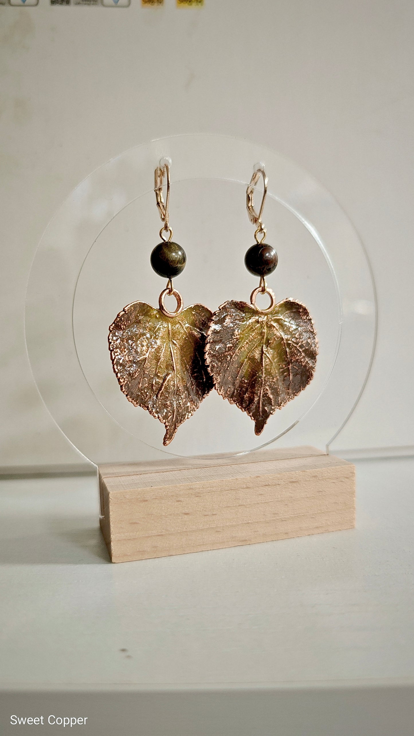 121 Linden Leaf Earrings — Olive Patina & Tiger’s Eye