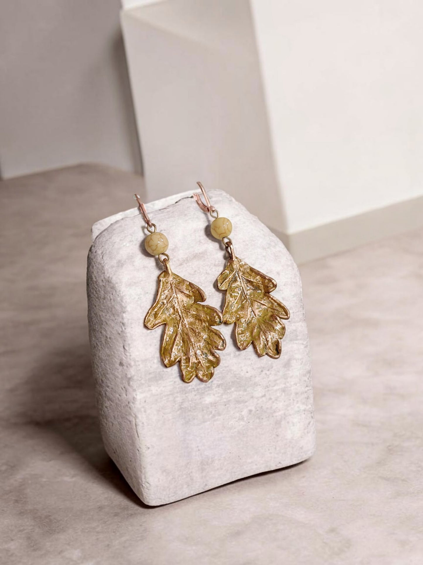 128 Oak Leaf Earrings — Golden Patina & Yellow Howlite