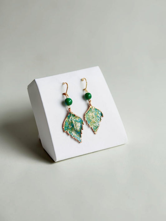 140. Birch Leaf Earrings — Turquoise-Green Patina & Green Howlite
