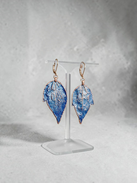 139 Lunaria Leaf Earrings — Blue Patina