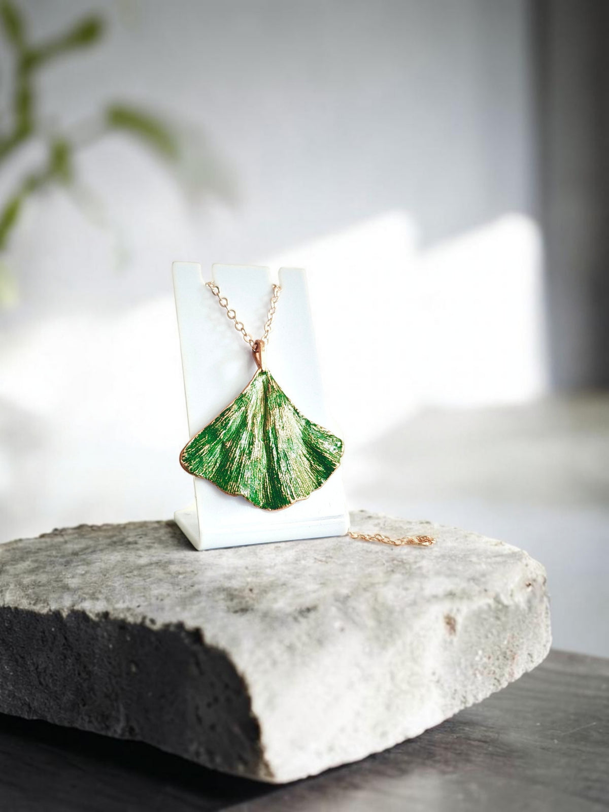 152. Ginkgo Biloba Leaf Pendant — Green Patina