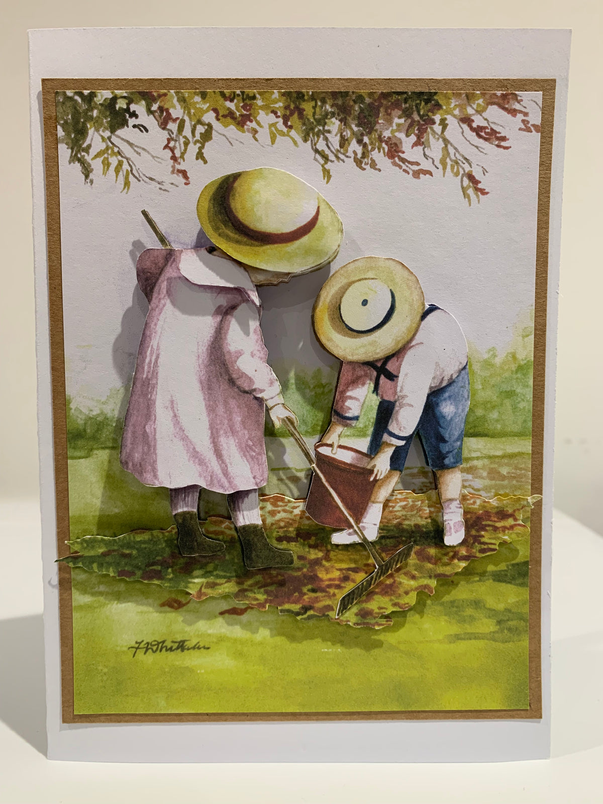Kids gardening vintage card