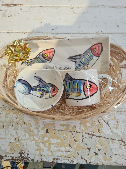 Large Hand Painted Pottery Gift Set of Large Mug, Plate and Bowl