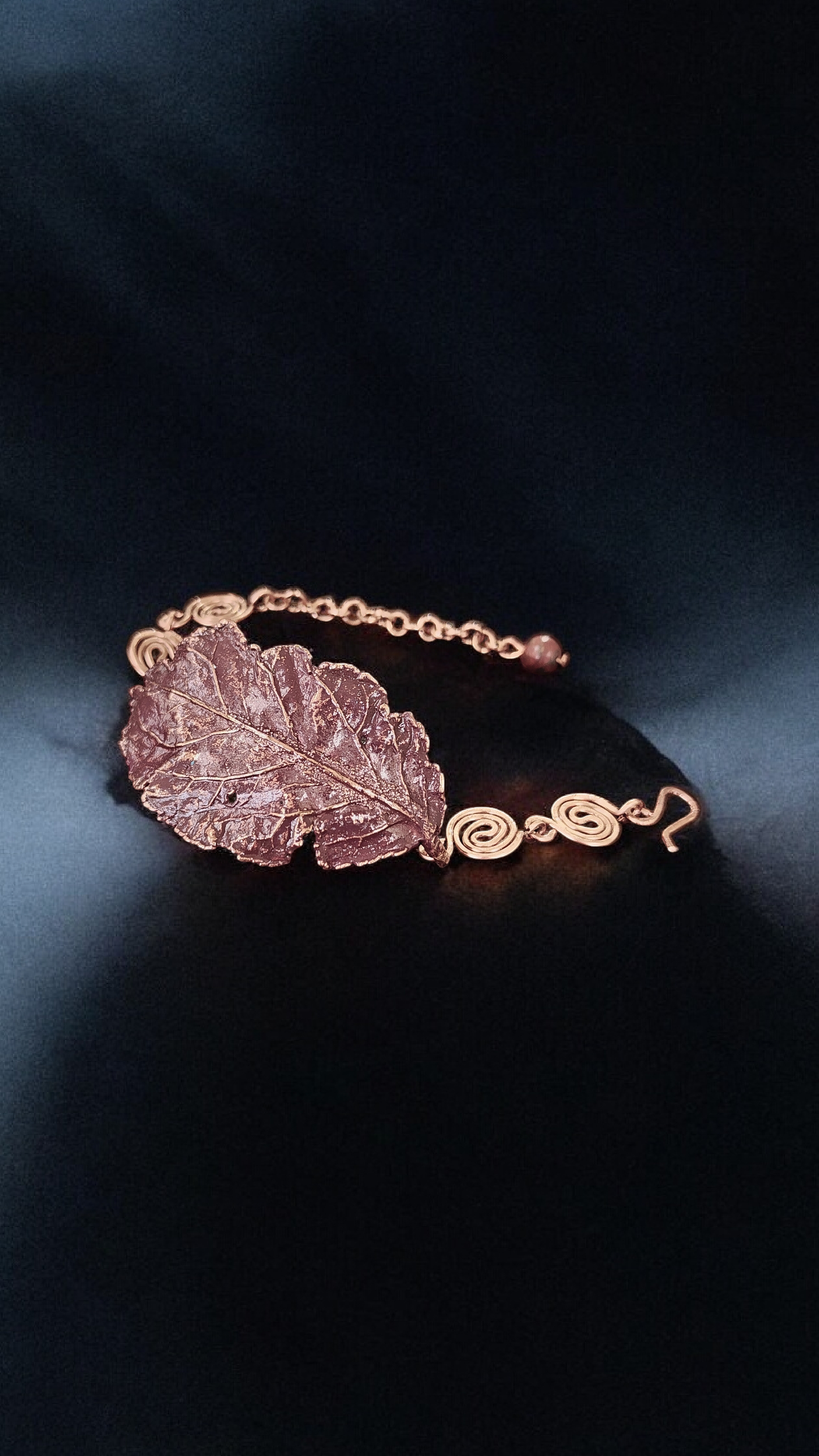 53 Copper Bracelet with Bird Cherry Leaf, Wine Patina