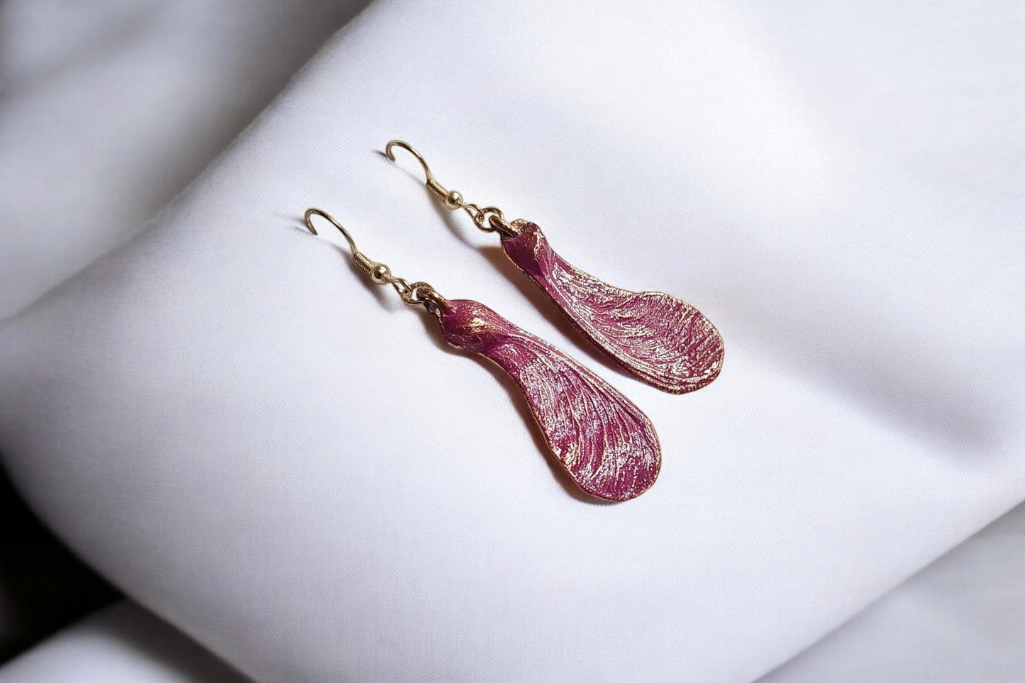 62 Designer Copper Maple Seed Earrings with Raspberry Purple Patina