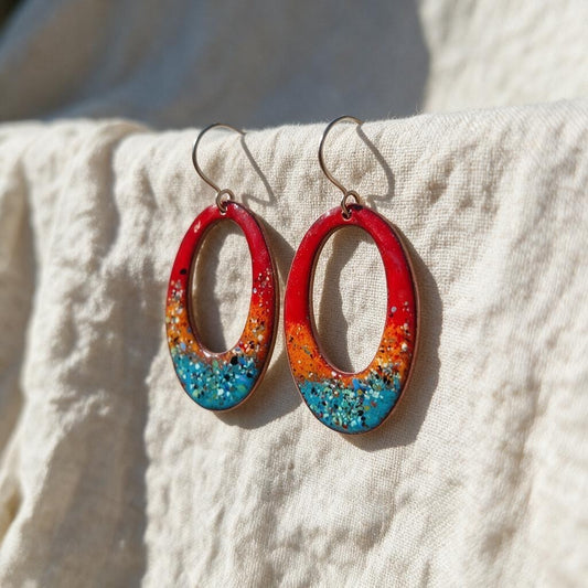 Lumi Élise Elongated Hoops - Copper Enamel Drop Earrings | Red, Orange & Teal Blue | Handmade in Ireland