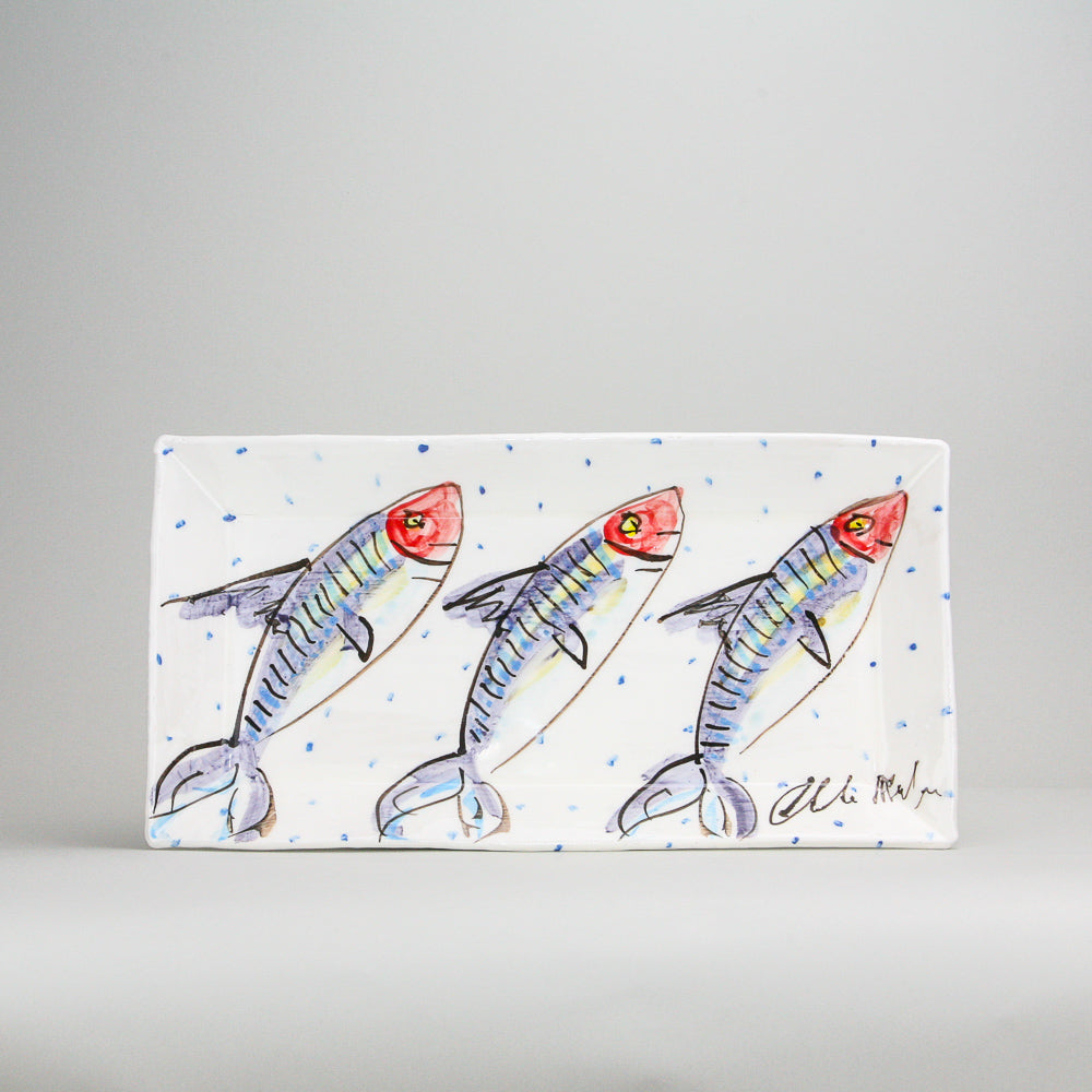 Beautiful hand painted mackerel fish on a luxurious white glaze with periodic blue dots 