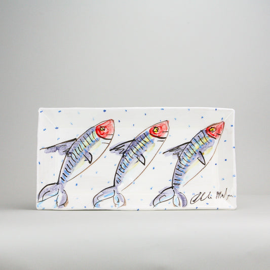 Beautiful hand painted mackerel fish on a luxurious white glaze with periodic blue dots 