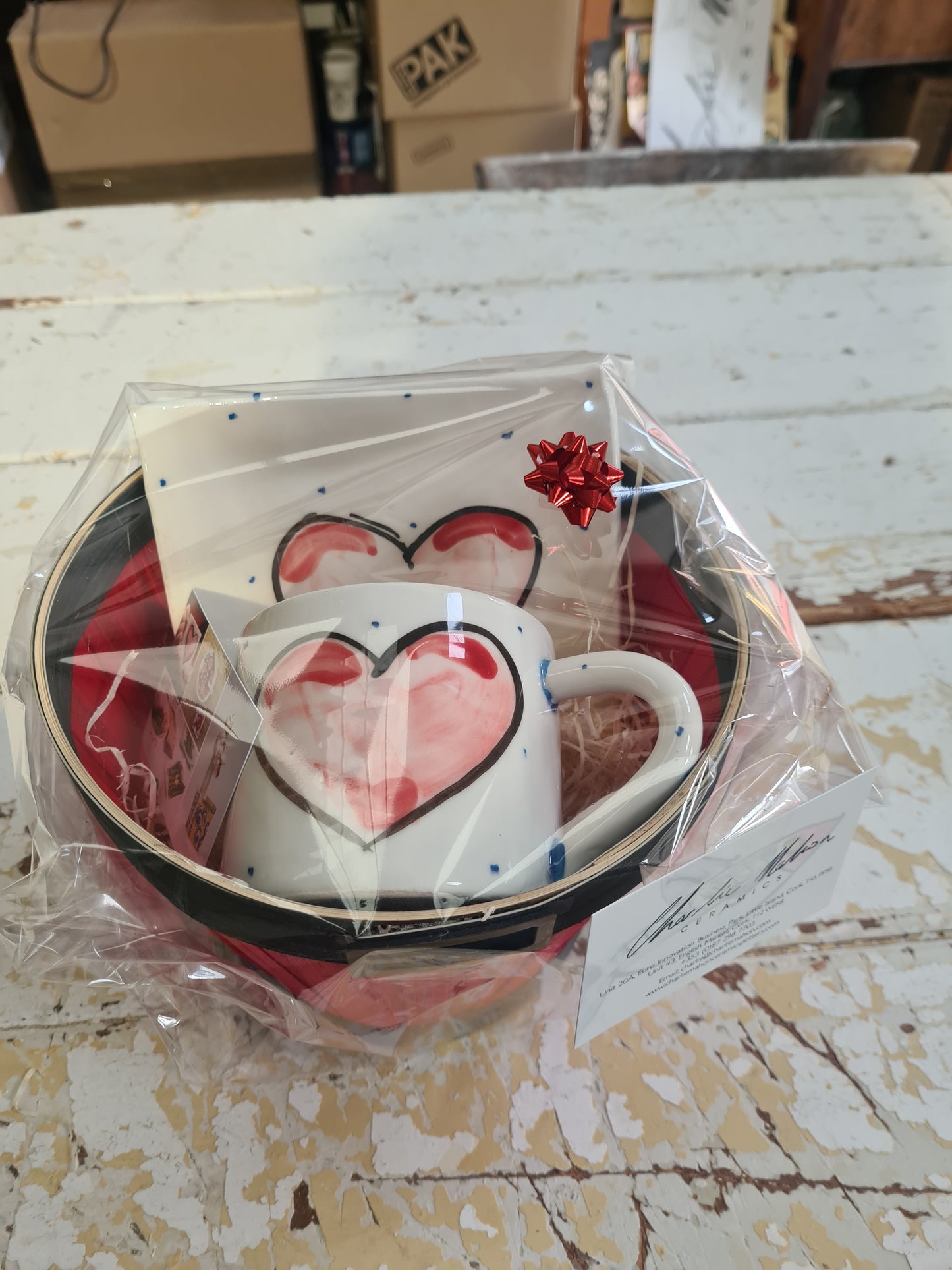 Small Pottery Gift Set with One Mug and One Plate with Gra Heart Design