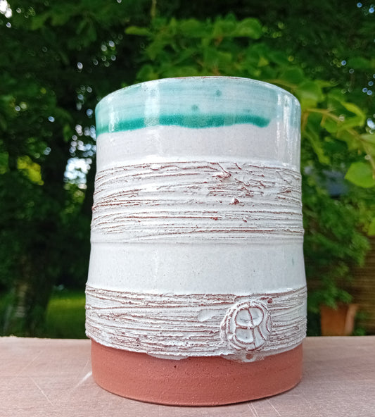 Terracotta White Tin glaze Vase with green Rim