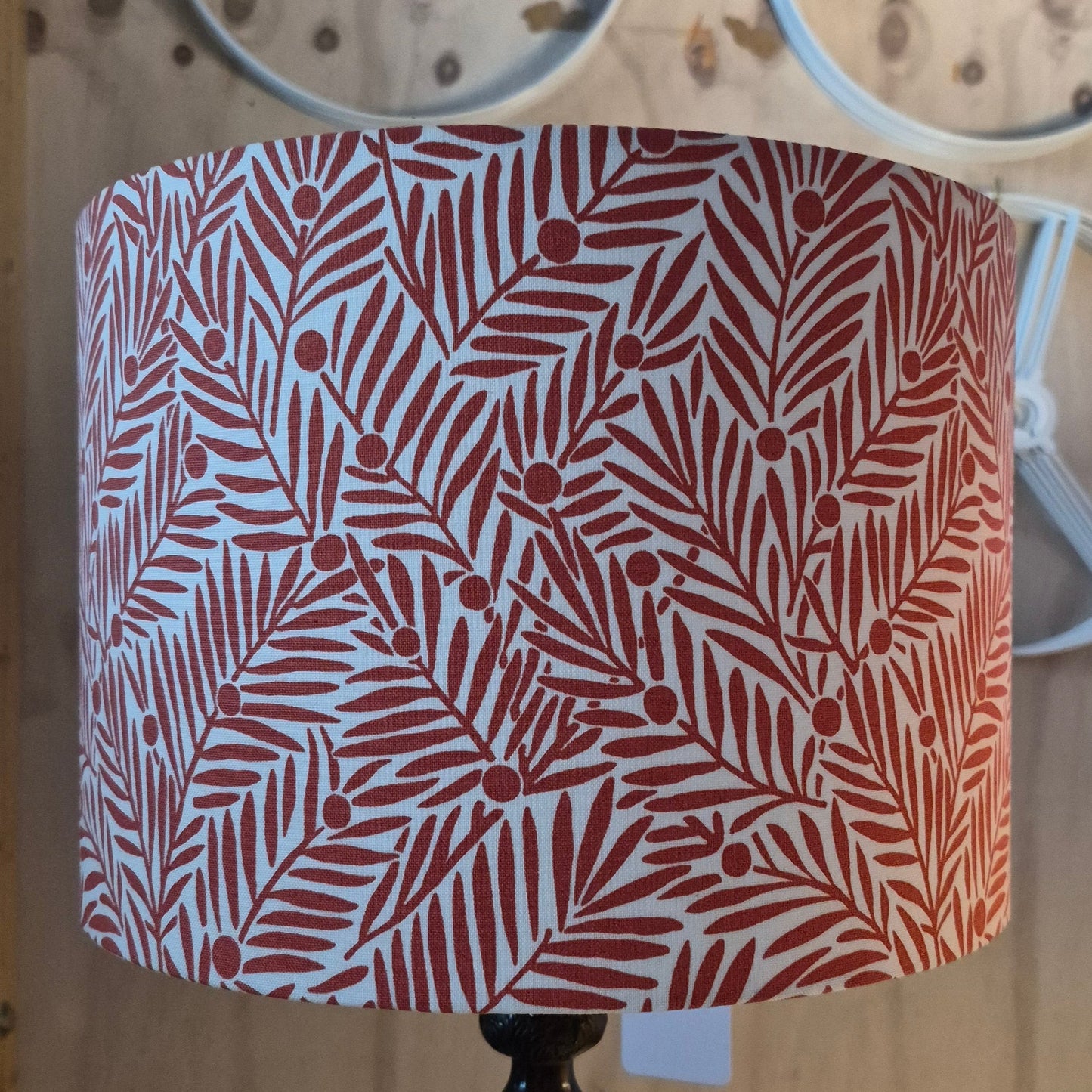 Morris & Co. Yew & Aril 30 cm drum shade lined with an Irish Linen lining.