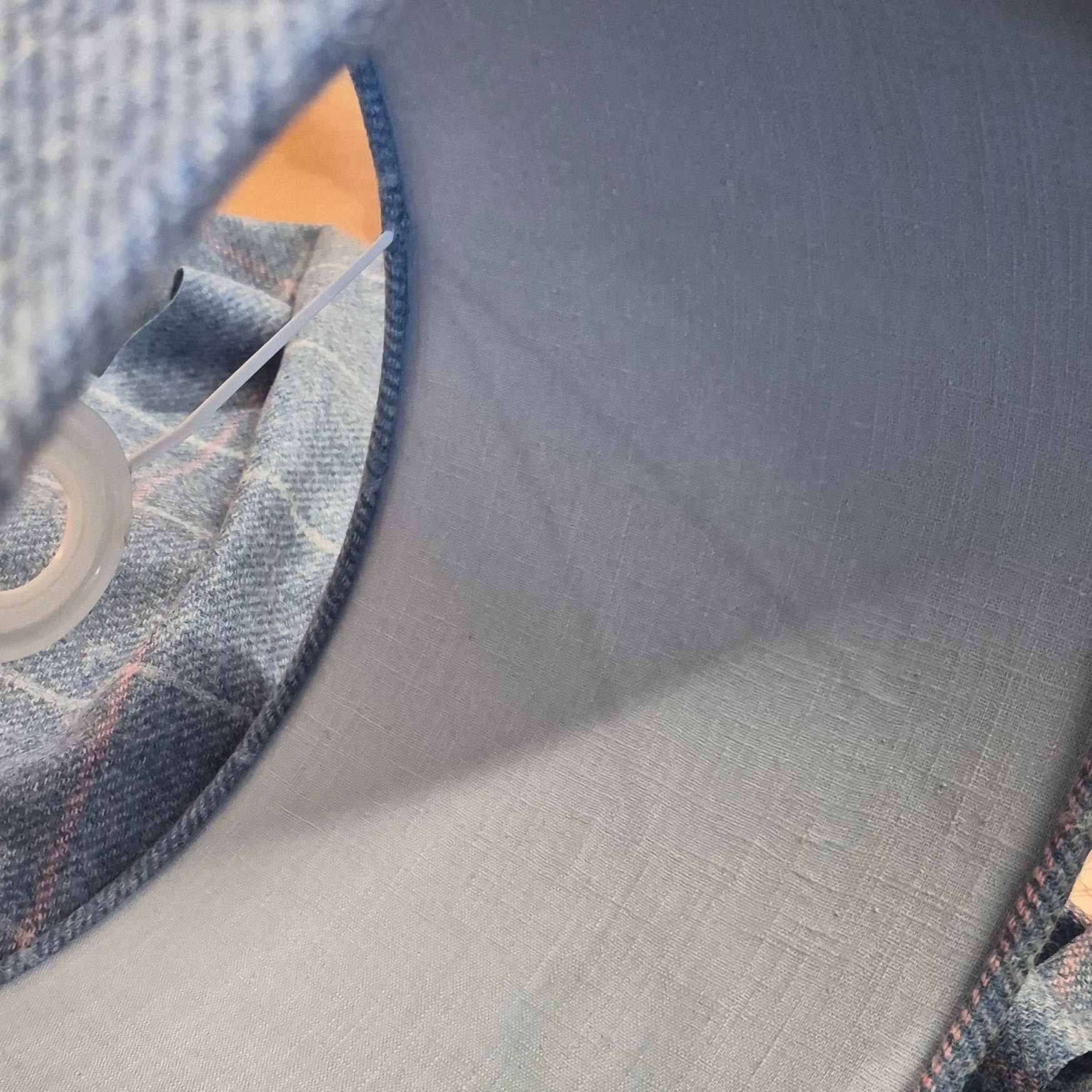 Tweed drum shade with a powder blue linen lining. 