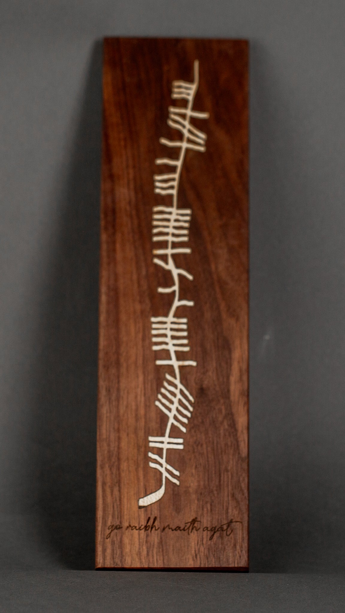 go raibh maith agat - wooden inlay plaque sycamore in walnut