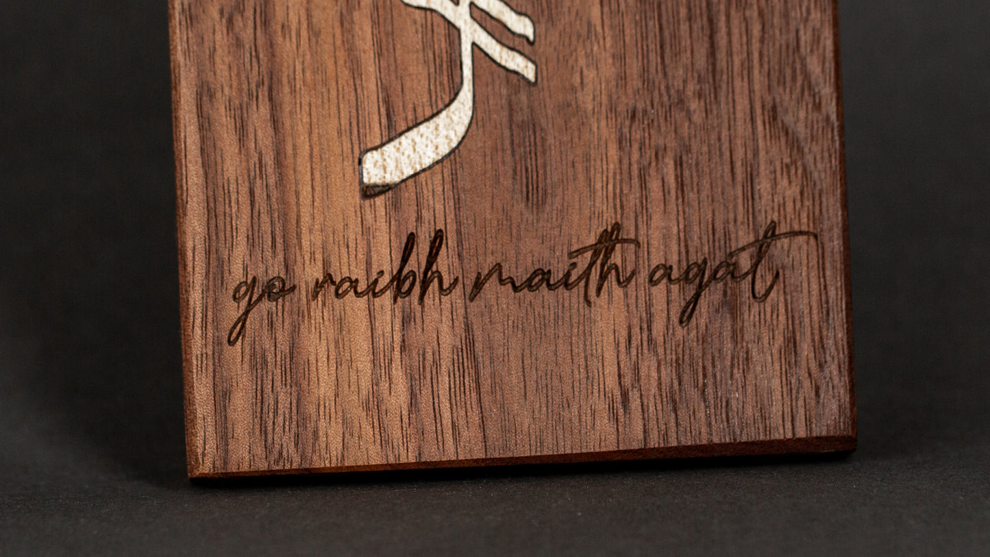 go raibh maith agat - wooden inlay plaque sycamore in walnut