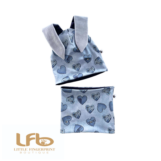 Denim Heart Print - Bunny Ears Slouchy Beanie Hat and Neck Warmer Set - Toddler & Kids