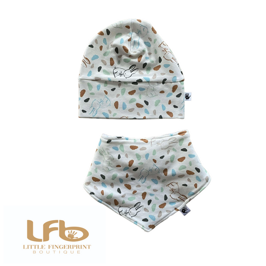 Baby Rabbits print Lightweight Jersey Hat with Matching Bib – Snug Fit, Cotton