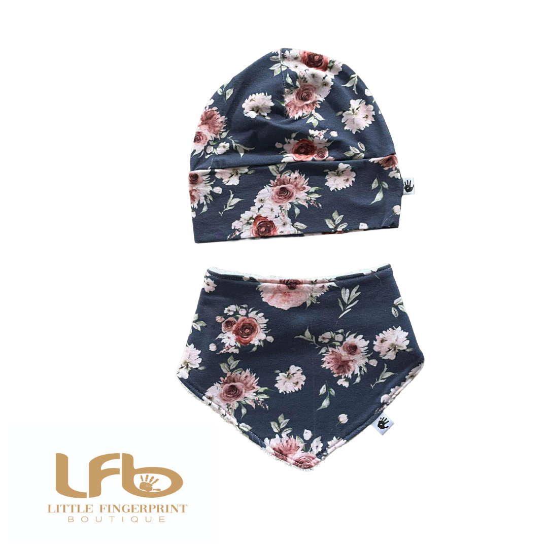 Roses on Navy - Lightweight Jersey Hat with Matching Bib – Snug Fit, Cotton