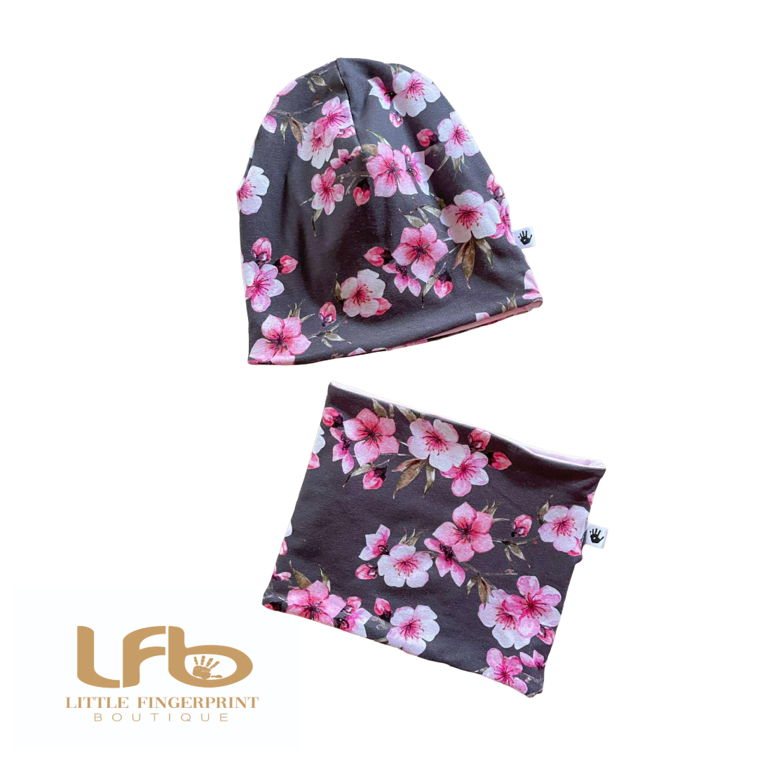 Cherry Blossom Slouchy Beanie and Matching Neck Warmer (2/4years)  – Reversible Toddler and Kids Set