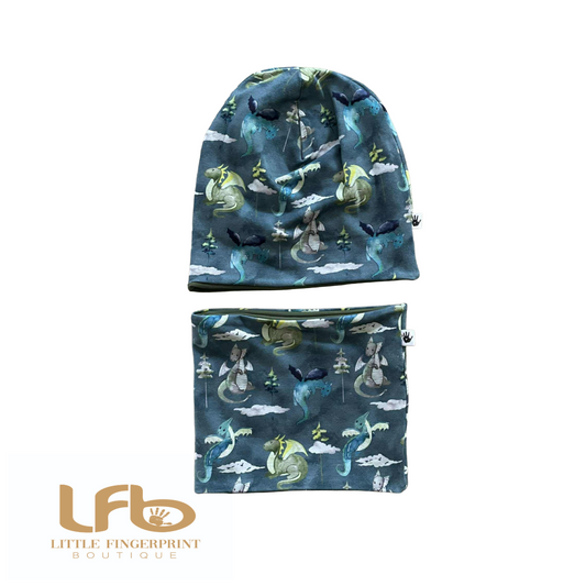 Dragons Slouchy Beanie and Matching Neck Warmer – Reversible Toddler and Kids Set