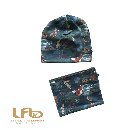 Forest Animal Slouchy Beanie and Matching Neck Warmer – Reversible Toddler and Kids Set