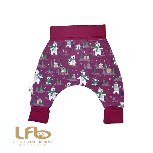 Burgundy Polar Bear "Grow with Me" Baby Harem Pants – Adjustable, Comfy & Durable