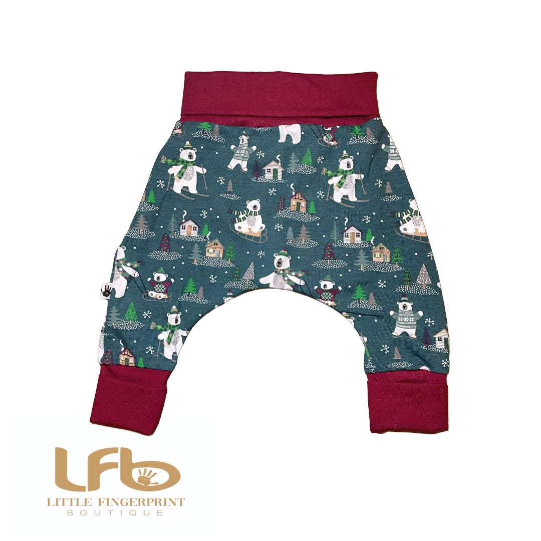 Green Polar Bear "Grow with Me" Baby Harem Pants – Adjustable, Comfy & Durable