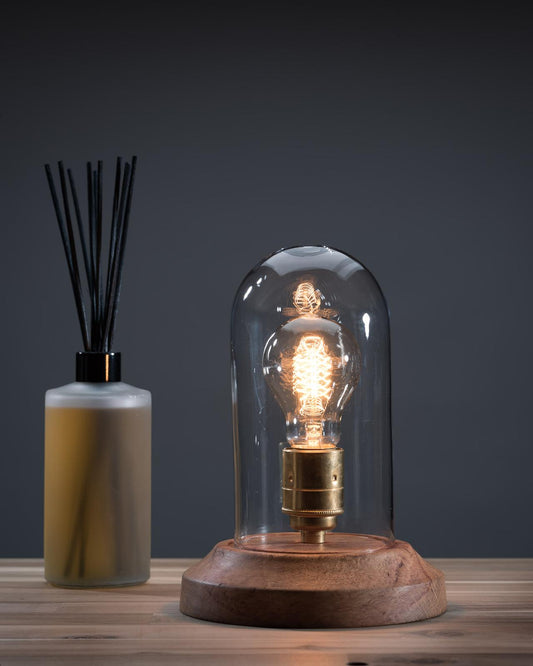 Glass Cloche Lamp with hand turned wood base.