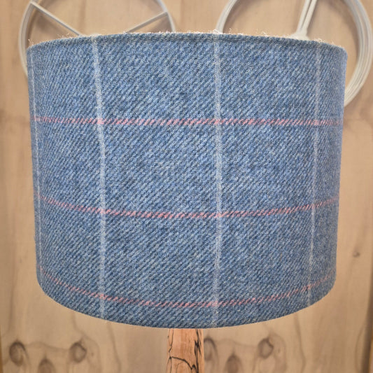 A 100% wool Yorkshire tweed 30cm drum shade in tones of blue grey and pink.