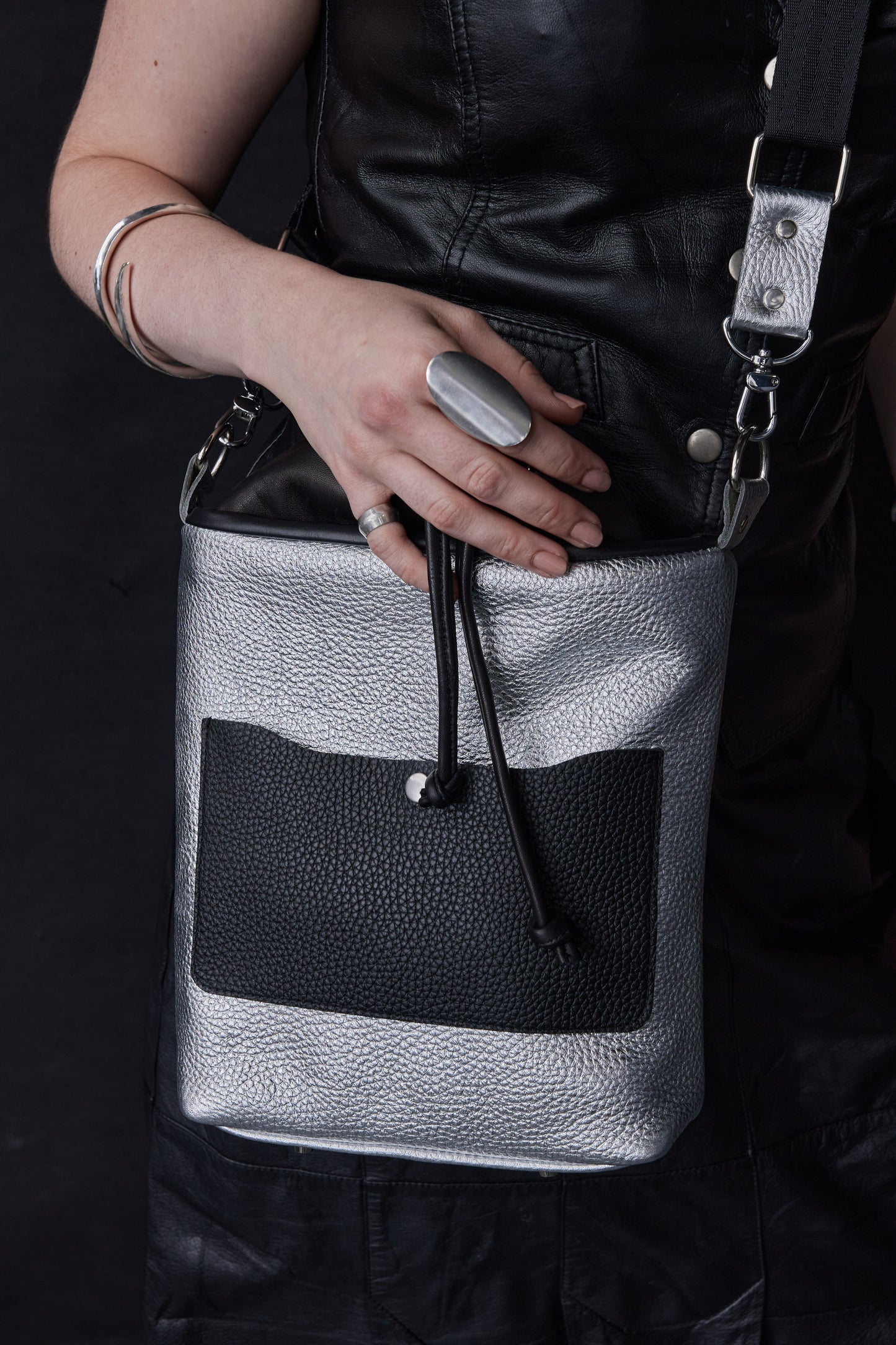 Twinkle Pop Bucket Bag – Metallic Silver Cowhide Leather, Winter Sparkle, Handmade Limited Edition