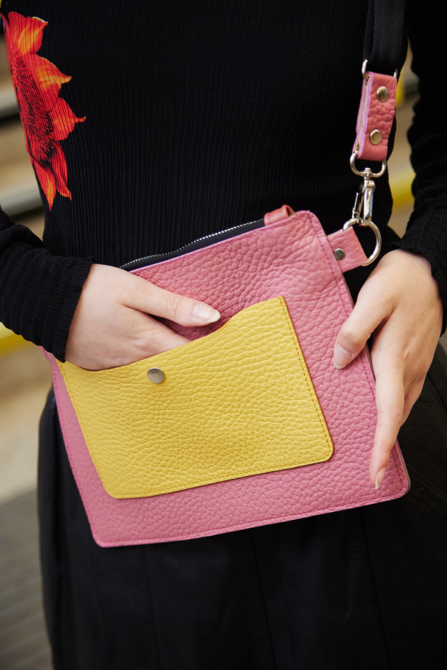 Leather Pink & Yellow Crossbody Bag for Woman