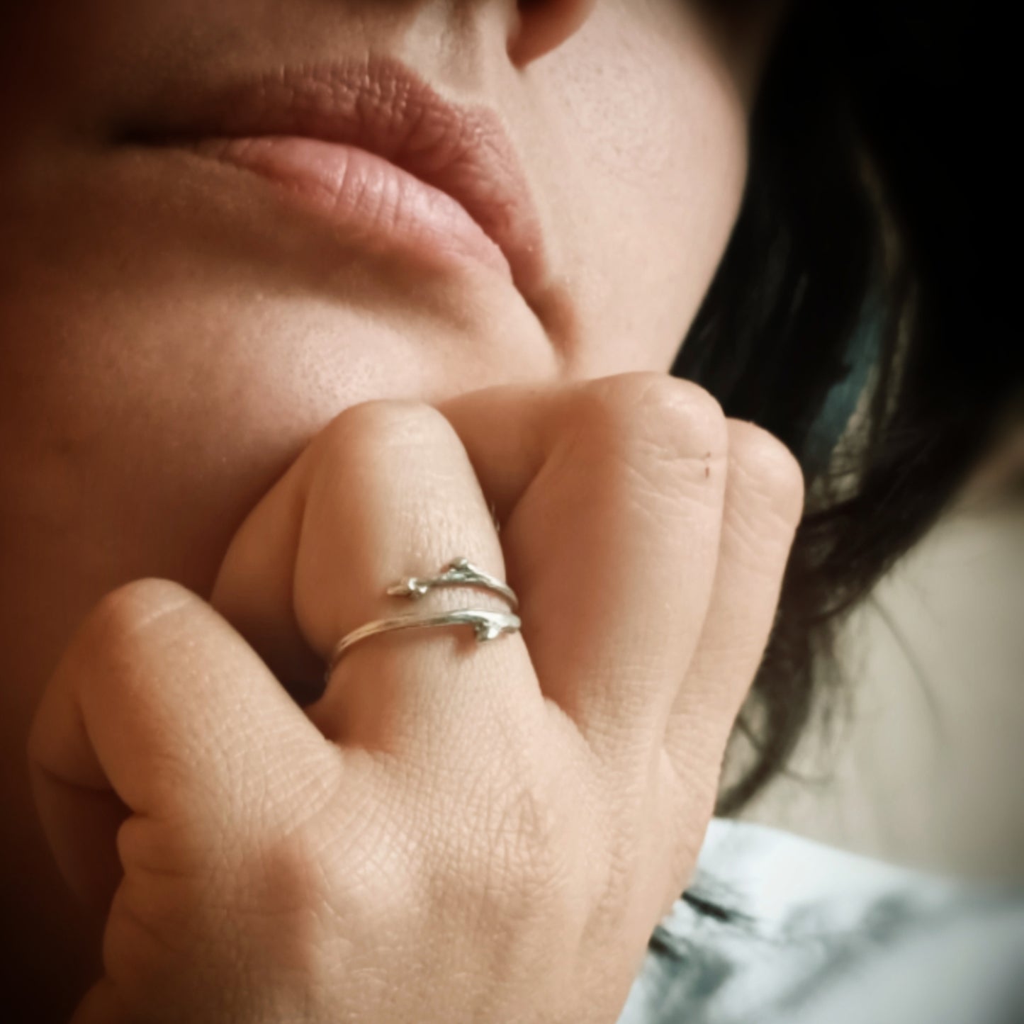 Adjustable silver twig ring