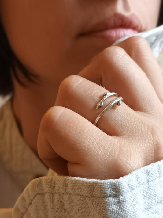 Adjustable silver twig ring