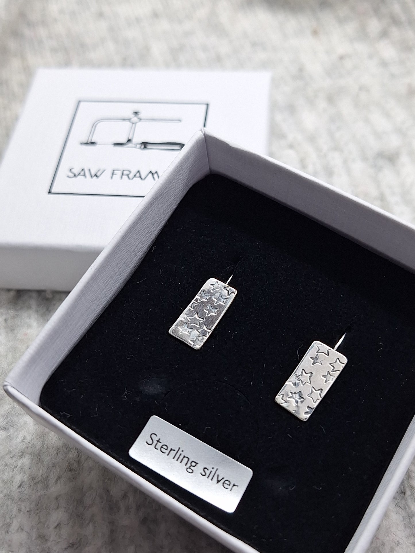 Sterling Silver Retancular Stars Drop Earrings